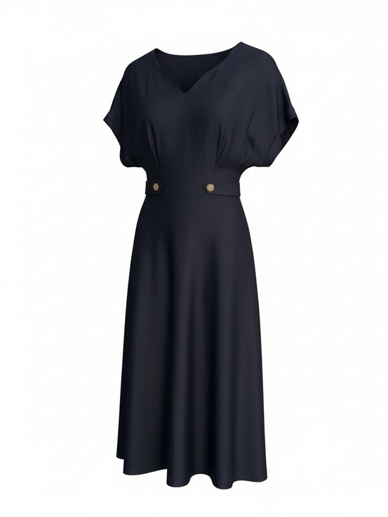 SHEIN Dresses & Skirts - SHEIN Navy Blue V-Neck Midi Dress with Button Waist Tabs - 6